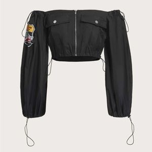 NWT SHEIN Icon Bikercore Off Shoulder Patched Detail Flap Pocket Crop Top